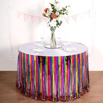 29"x 9ft Rainbow Metallic Tinsel Foil Fringe Table Skirt, Self Adhesive Tinsel Table Skirt
