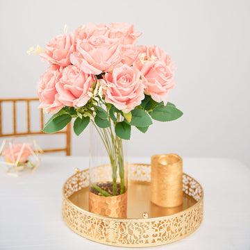 2 Bushes 18" Real Touch Blush Artificial Rose Flower Bouquet, Silk Long Stem Flower Arrangements