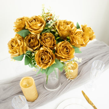 2 Bushes | 18" Real Touch Gold Artificial Rose Flower Bouquet, Silk Long Stem Flower Arrangements