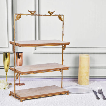 19" 3-Tier Rectangular Gold/Wood Slice Cheese Board Cupcake Stand Tower, Rustic Centerpiece - Assembly Tools Included