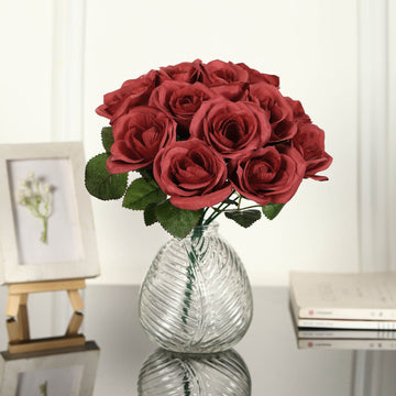 12" Red Artificial Velvet-Like Fabric Rose Flower Bouquet Bush