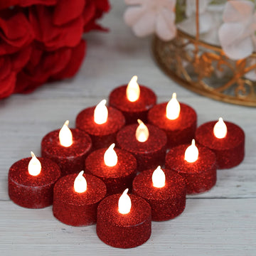 12 Pack | Red Glittered Flameless LED Tealight Candles, Battery Operated Reusable Candles