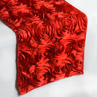Add Elegance to Your Event with the Red Grandiose Rosette Satin Table Runner