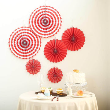 Set of 6 | Red Hanging Paper Fan Decorations, Pinwheel Wall Backdrop Party Kit - 8", 12", 16"