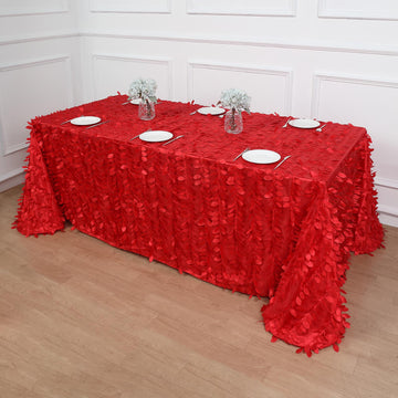 90"x132" Red 3D Leaf Petal Taffeta Fabric Seamless Rectangle Tablecloth