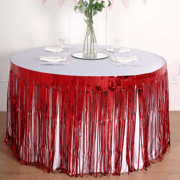 30"x9ft Red Metallic Foil Fringe Table Skirt, Self Adhesive Tinsel Table Skirt