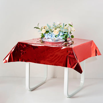 50"x50" Red Metallic Foil Square Tablecloth, Disposable Table Cover