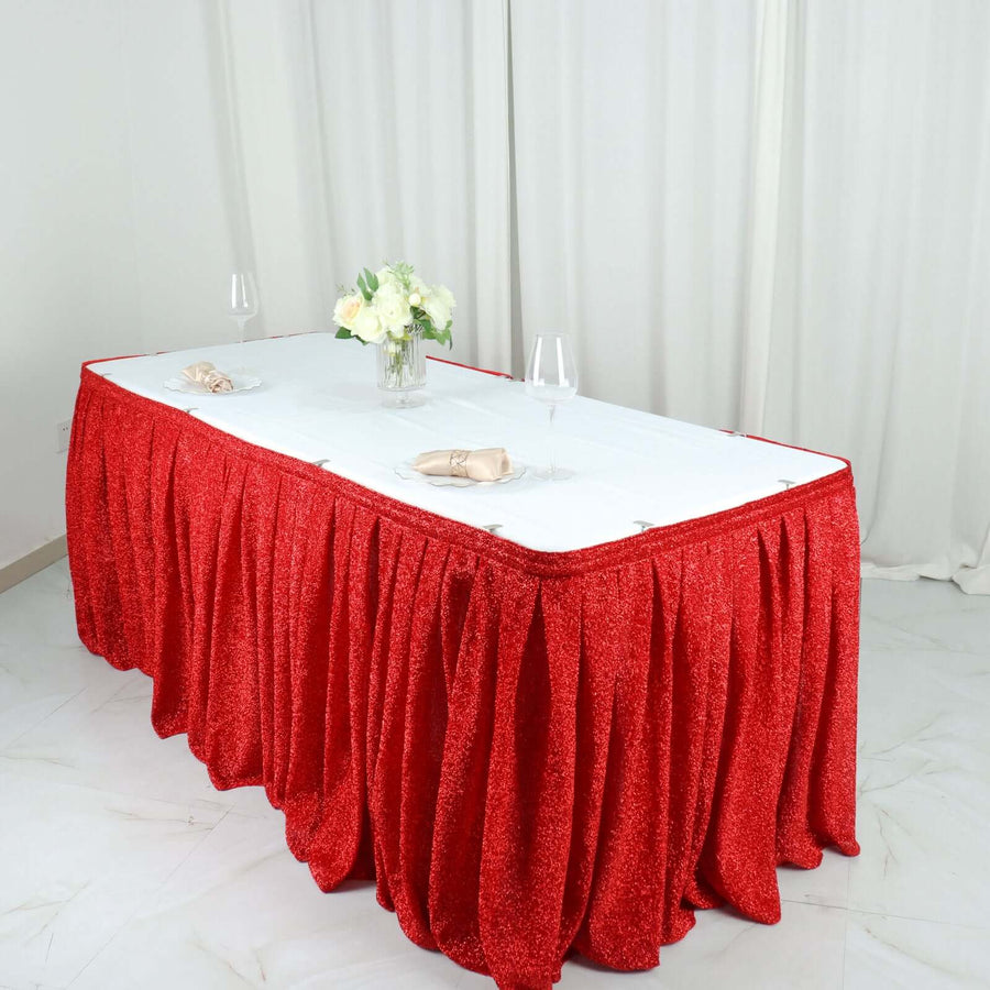 17ft Red Metallic Shimmer Tinsel Spandex Pleated Table Skirt with Top Velcro Strip