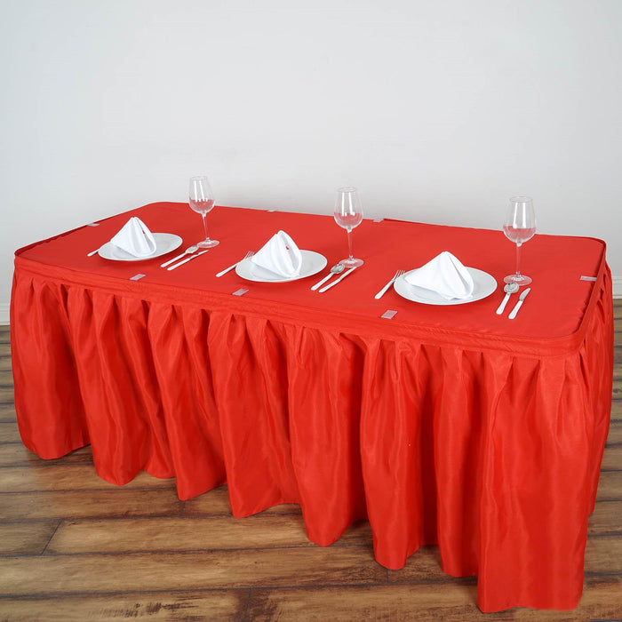 14ft Red Pleated Polyester Table Skirt, Banquet Folding Table Skirt