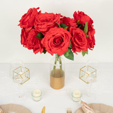 2 Bushes 17" Red Premium Silk Jumbo Rose Flower Bouquet, High Quality Artificial Wedding Floral Arrangements