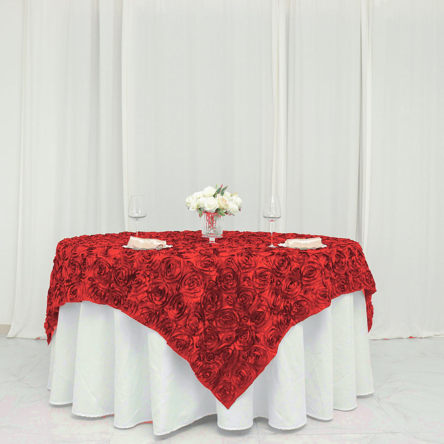 72x72inch Red 3D Rosette Satin Table Overlay, Square Tablecloth Topper