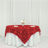 72x72inch Red 3D Rosette Satin Table Overlay, Square Tablecloth Topper