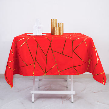 54"x54" Red Seamless Polyester Square Tablecloth With Gold Foil Geometric Pattern