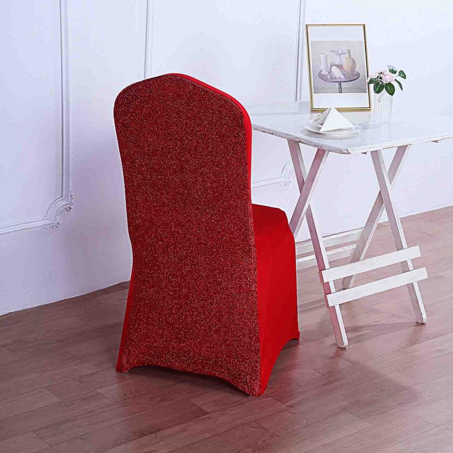 Red Spandex Stretch Banquet Chair Cover, Fitted with Metallic Shimmer Tinsel Back