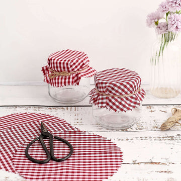 6 Pack 6" Red White Gingham Mason Jar Cloth Lid Covers, Checkered Jam Jar Covers with Jute String