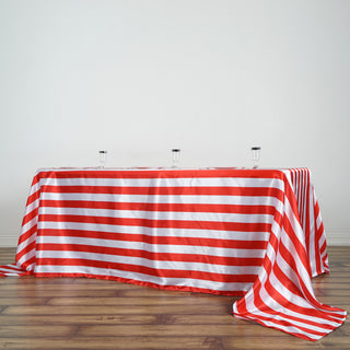 Add Elegance to Your Event with the Red/White Seamless Stripe Satin Rectangle Tablecloth