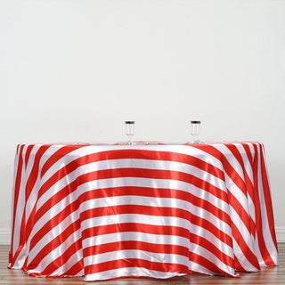 120" Red / White Seamless Stripe Satin Round Tablecloth