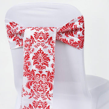 5 Pack | 6"x108" Red / White Taffeta Damask Flocking Chair Tie Bow Sashes