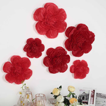 Set of 6 | Red / Wine Giant Peony 3D Paper Flowers Wall Decor - 12",16",20"