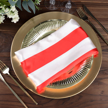 5 Pack | Red and White Striped Satin Cloth Dinner Napkins | 20"x20"