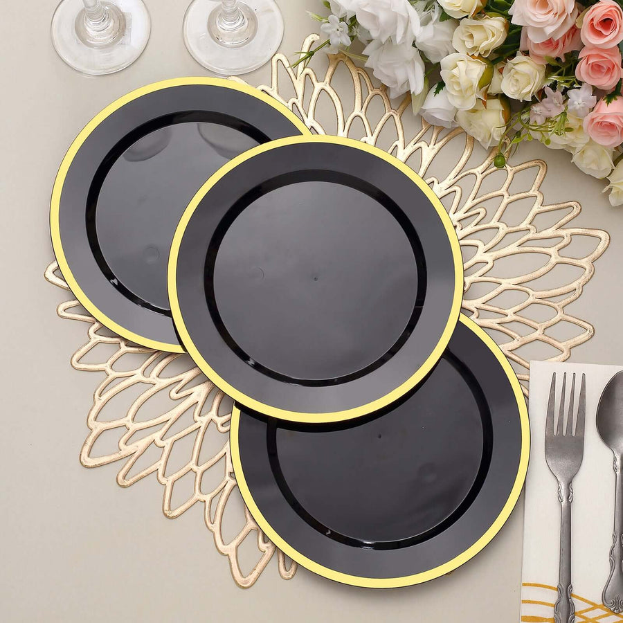 10 Pack | 7Inch Regal Black and Gold Round Plastic Dessert Plates, Disposable Appetizer Salad Plates