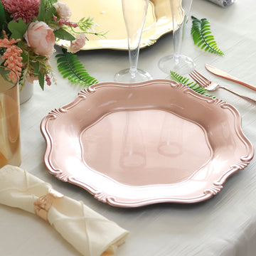 6 Pack | 13" Rose Gold Baroque Scalloped Acrylic Plastic Charger Plates, Hexagon Charger Plates