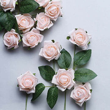 24 Roses 2" Blush Artificial Foam Flowers With Stem Wire and Leaves