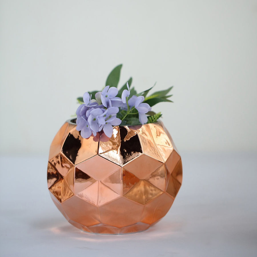 2 Pack | 6 inch Rose Gold Mercury Glass Vases | Honeycomb Geometric Vases