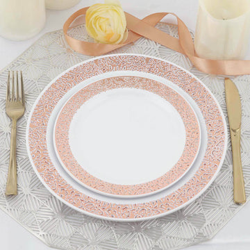 10 Pack 7" Rose Gold Lace Rim White Disposable Salad Plates, Plastic Dessert Appetizer Plates