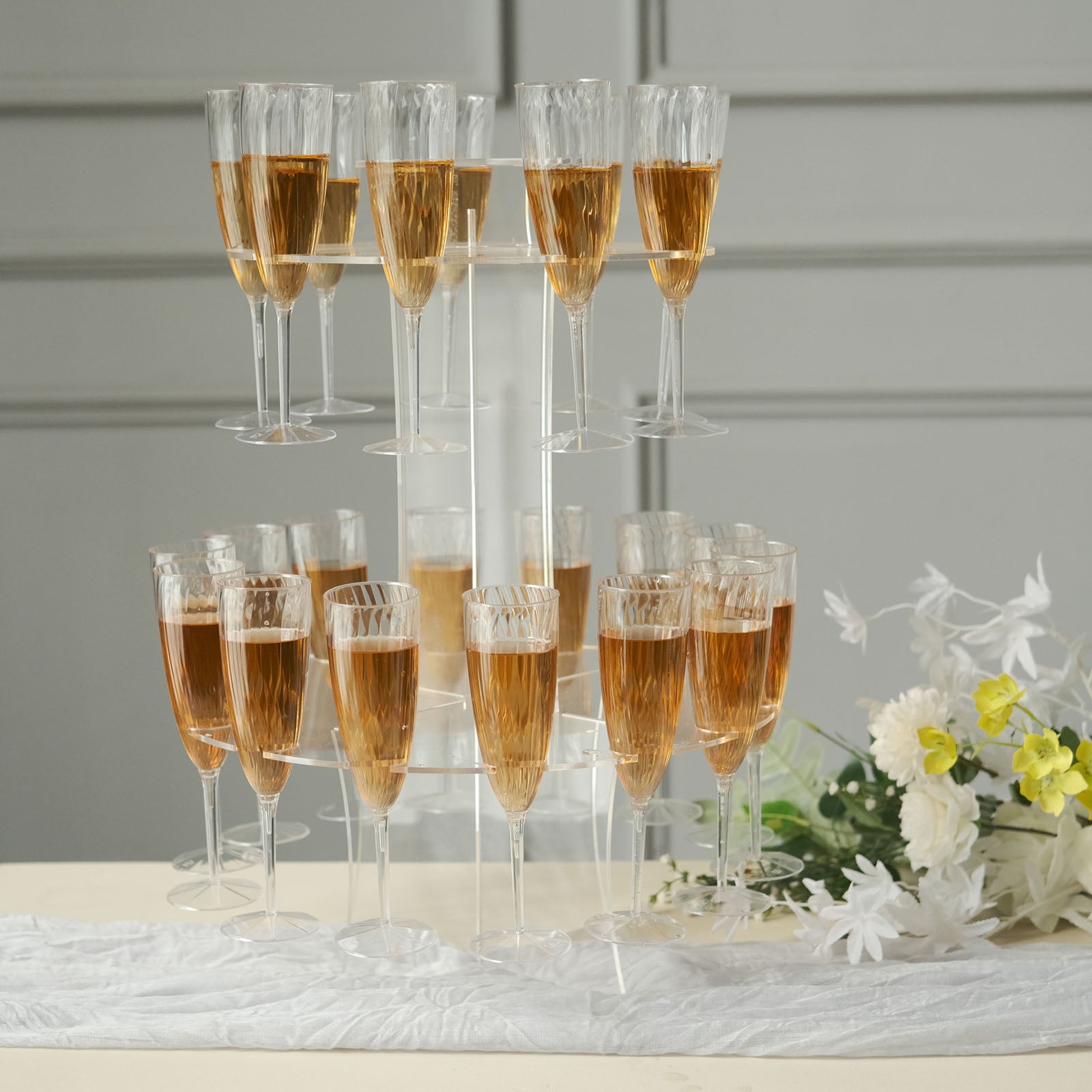 3-Tier Round Clear 21 Acrylic Champagne Glasses Flutes Display Stand, Wine Glass Rack Tower - Holds 23 Stemware + 1 Bottle