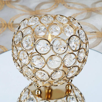 4" Round Gold Crystal Beaded Metal Votive Tealight Candle Holder, Multipurpose Table Vase