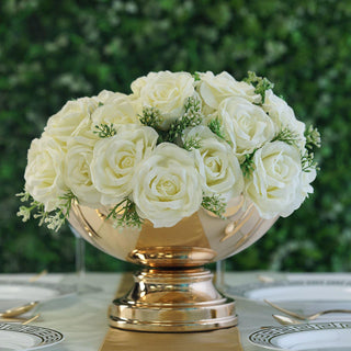 Elevate Your Table Aesthetics with the 12" Round Gold Metal Pedestal Flower Pot