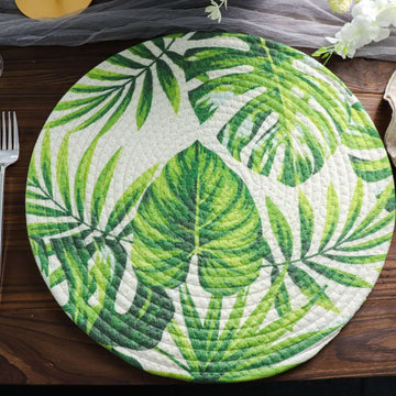 4 Pack 15" Round Green Tropical Leaf Woven Cotton Table Placemats, Indoor Outdoor Braided Dining Placemats