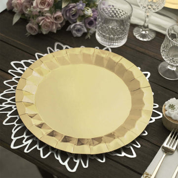 25 Pack 12" Round Metallic Gold Geometric Foil Paper Charger Plates, Disposable Serving Trays - 400 GSM