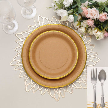 25 Pack | 8" Round Natural Brown Paper Salad Plates With Gold Lined Rim, Disposable Dessert Appetizer Party Plates