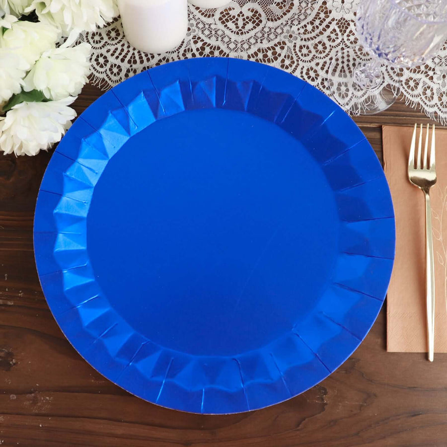 12inch Round Royal Blue Geometric Foil Paper Charger Plates, Disposable Serving Trays - 400 GSM