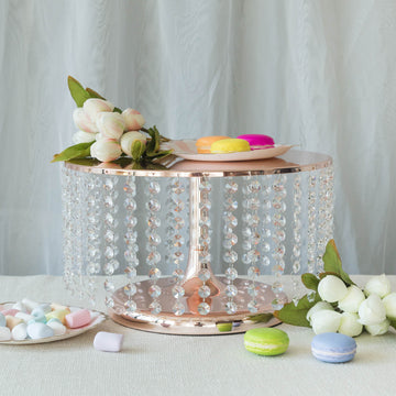 14" Round 8" Tall Metallic Rose Gold Cake Stand, Cupcake Dessert Pedestal With Crystal Chains