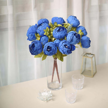 2 Pack 19" Royal Blue Artificial Peony Flower Wedding Bouquets, Faux Silk Flower Arrangements