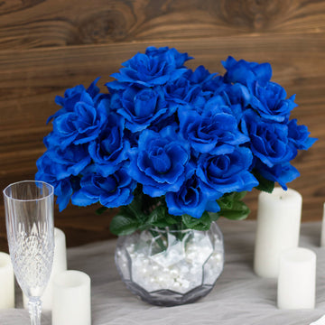 12 Bushes | Royal Blue Artificial Premium Silk Blossomed Rose Flowers | 84 Roses