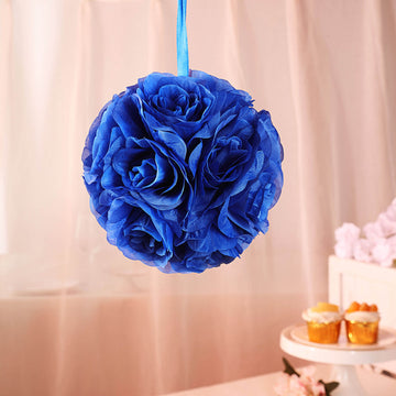 2 Pack | 7" Royal Blue Artificial Silk Rose Kissing Ball, Faux Flower Ball