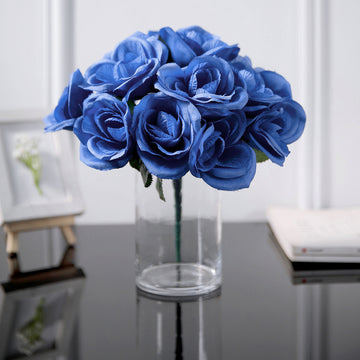 12" Royal Blue Artificial Velvet-Like Fabric Rose Flower Bouquet Bush
