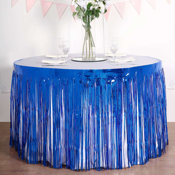 30"x9ft Royal Blue Metallic Foil Fringe Table Skirt, Self Adhesive Tinsel Table Skirt