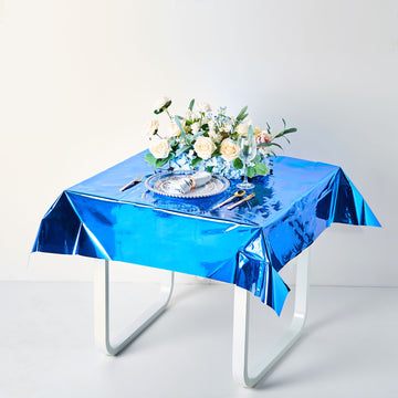 50"x50" Royal Blue Metallic Foil Square Tablecloth, Disposable Table Cover