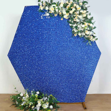 8ftx7ft Royal Blue Metallic Shimmer Tinsel Spandex Hexagon Wedding Arbor Cover, 2-Sided Backdrop
