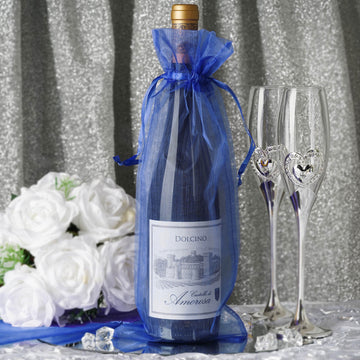 10 Pack | 6"x15" Royal Blue Organza Drawstring Party Favor Wine Bags