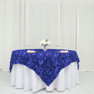Create Unforgettable Moments with the Royal Blue 3D Rosette Satin Square Table Overlay
