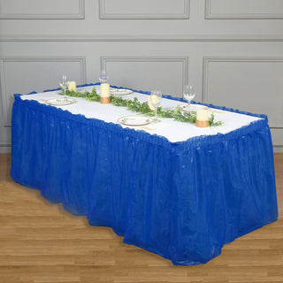 Elevate Your Event with the 14ft Royal Blue Ruffled Plastic Disposable Table Skirt