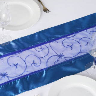 Enhance Your Table Setting with the Royal Blue Satin Embroidered Sheer Organza Table Runner