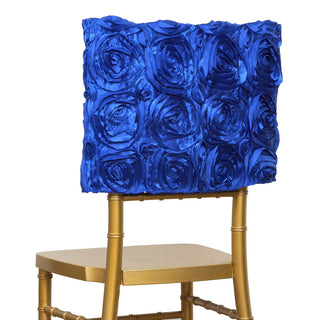 Elevate Your Event Decor with Royal Blue Satin Rosette Chiavari Chair Caps