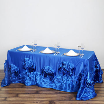90"x156" Royal Blue Seamless Large Rosette Rectangular Lamour Satin Tablecloth